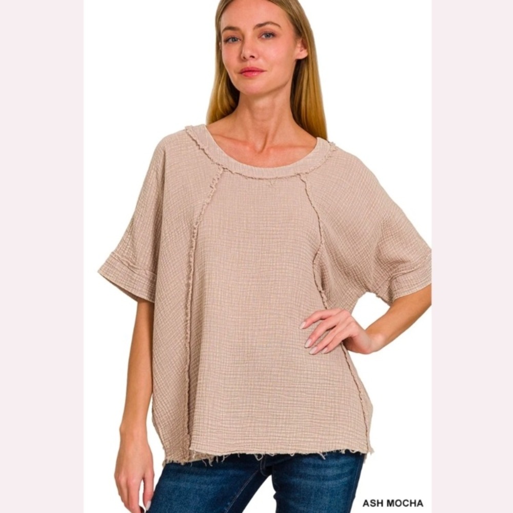ZENANA MOCHA WASHED DOUBLE GAUZE round NECK SHORT SLEEVE SHIRT TOP